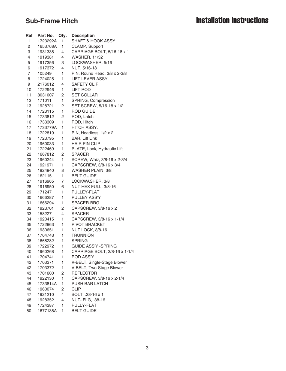 Installation instructions, Sub-frame hitch | Briggs & Stratton 1695195 User Manual | Page 3 / 10