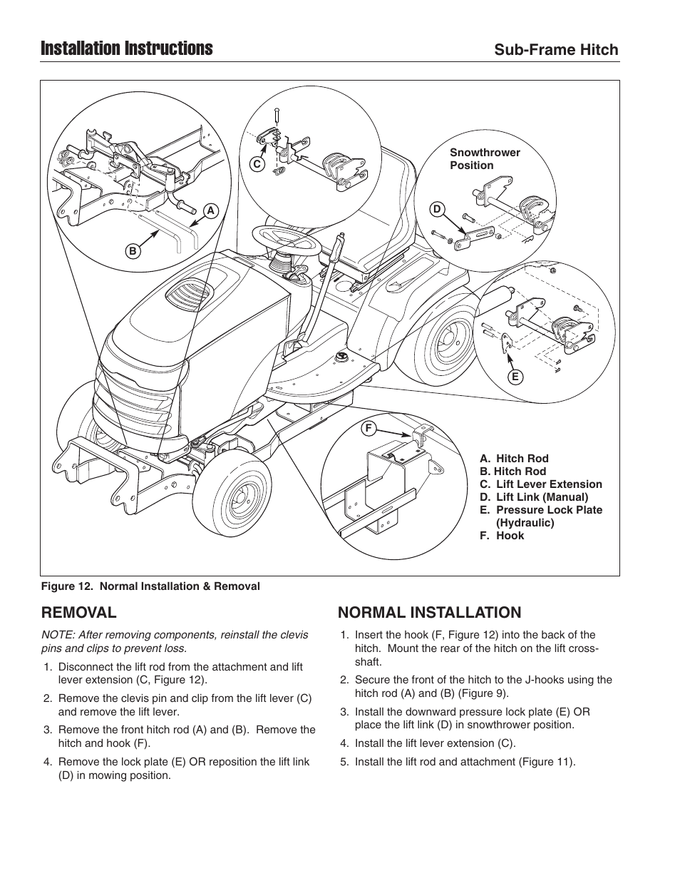 Installation instructions, Sub-frame hitch removal, Normal installation | Briggs & Stratton 1695195 User Manual | Page 8 / 10