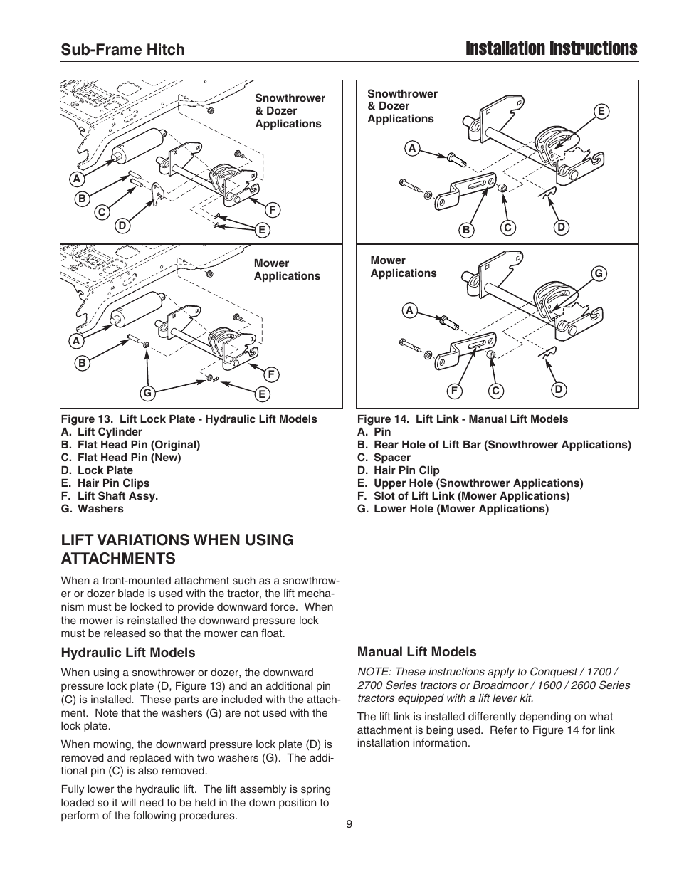 Installation instructions, Sub-frame hitch, Lift variations when using attachments | Briggs & Stratton 1695195 User Manual | Page 9 / 10