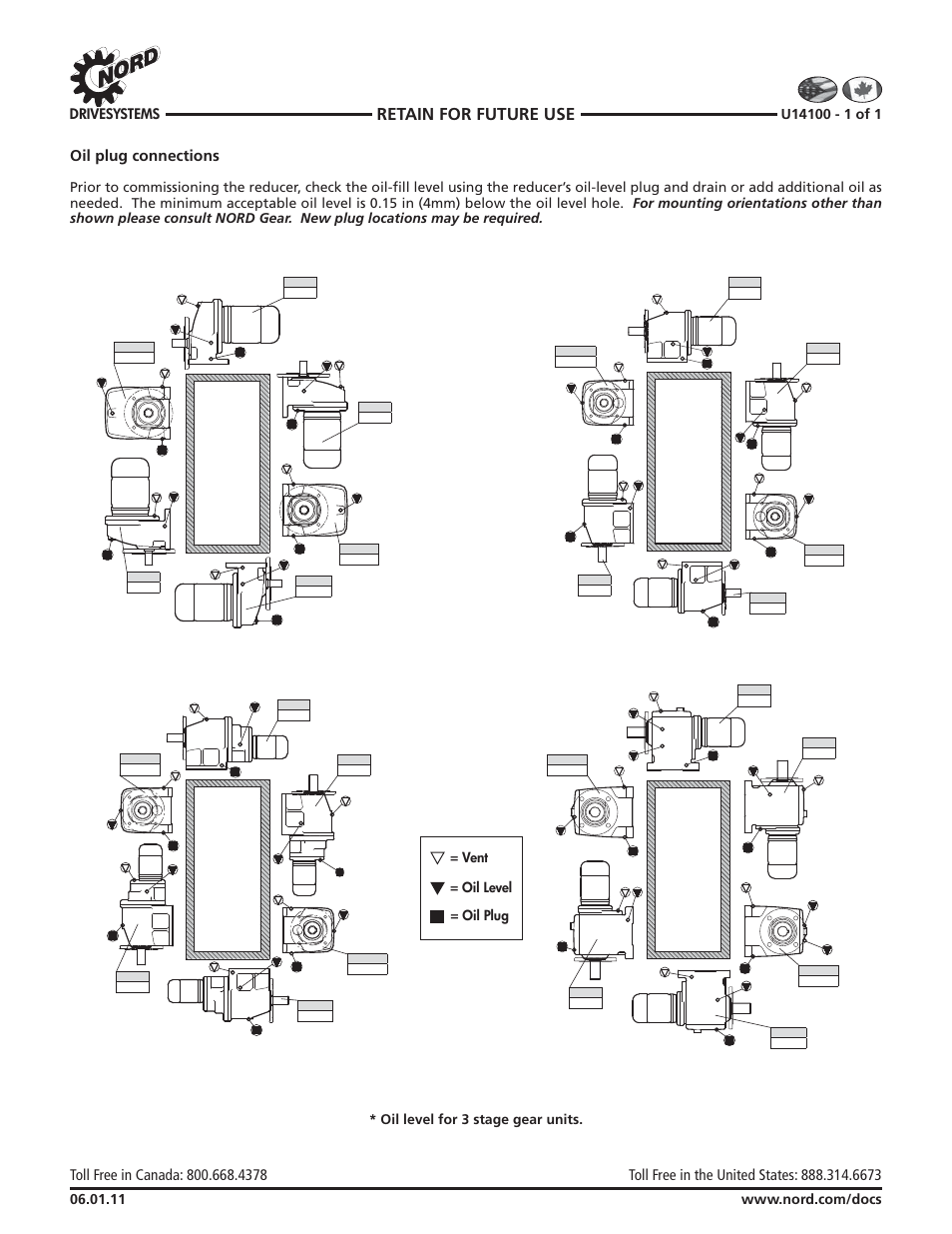 Helical in-line oil plug & vent locations, Nord gear corporation, Nord gear limited | Retain for future use, Oil plug connections | Viking Pump NORD TSM For Helical Inline Reducers User Manual | Page 17 / 29