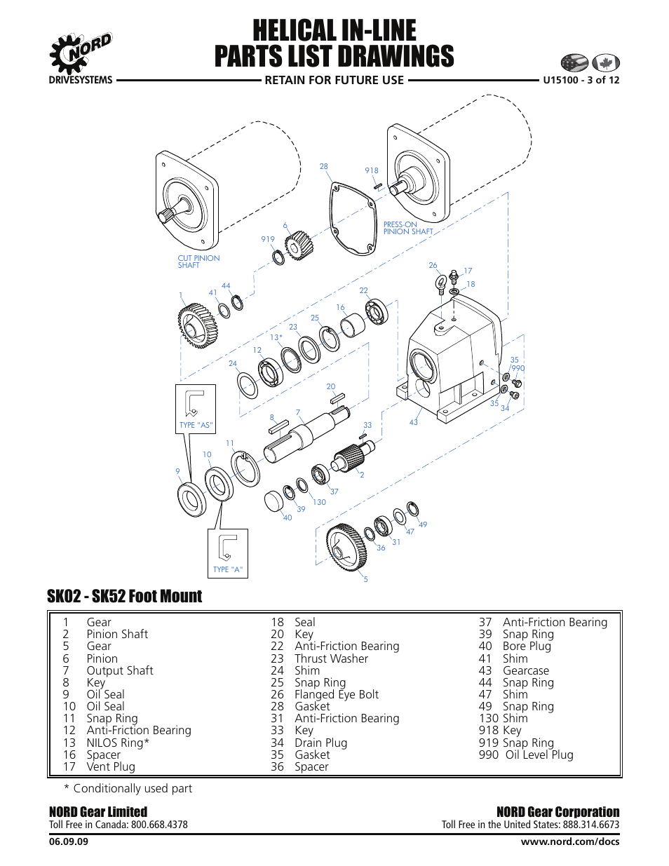 Helical in-line parts list drawings, Sk02 - sk52 foot mount, Nord gear corporation | Nord gear limited, Retain for future use, Conditionally used part | Viking Pump NORD TSM For Helical Inline Reducers User Manual | Page 20 / 29
