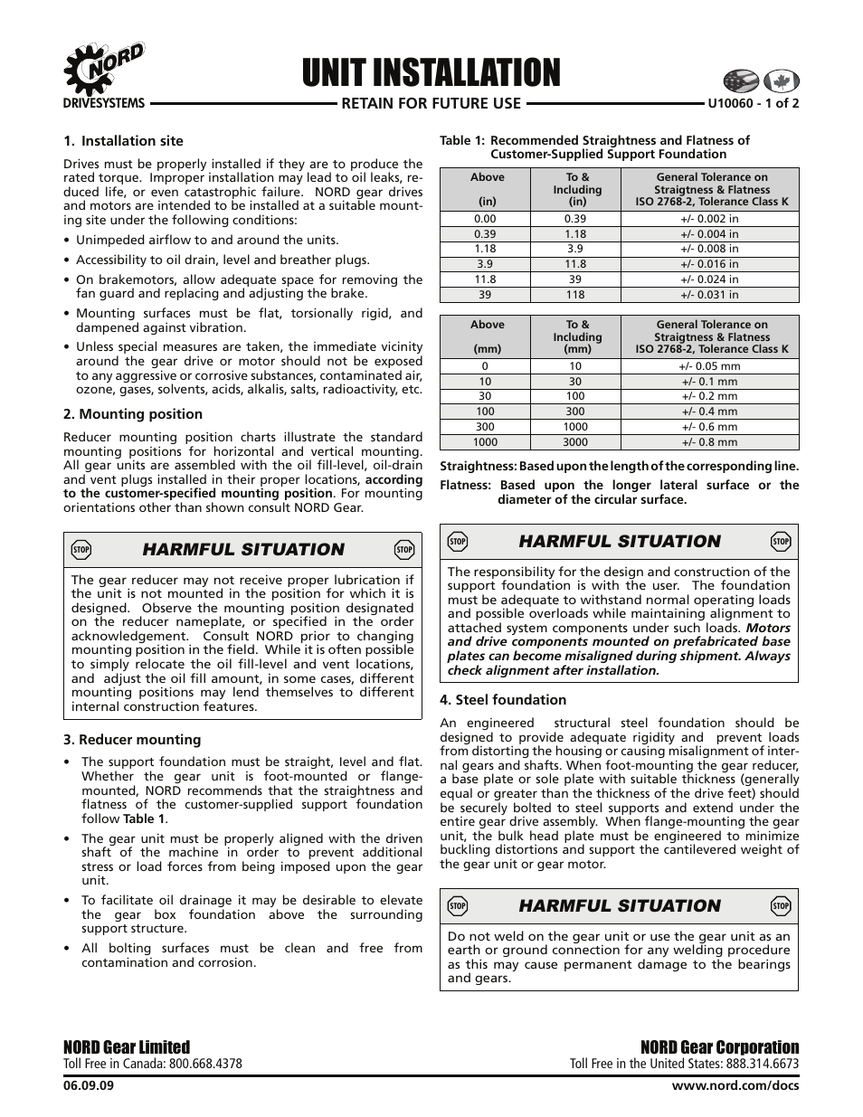 Unit installation, Harmful situation, Nord gear corporation | Nord gear limited, Retain for future use | Viking Pump NORD TSM For Helical Inline Reducers User Manual | Page 6 / 29