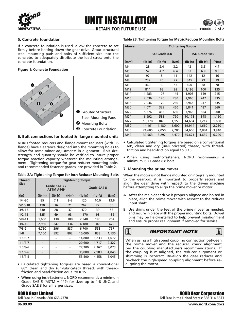 Unit installation, Nord gear corporation, Nord gear limited | Retain for future use | Viking Pump NORD TSM For Helical Inline Reducers User Manual | Page 7 / 29