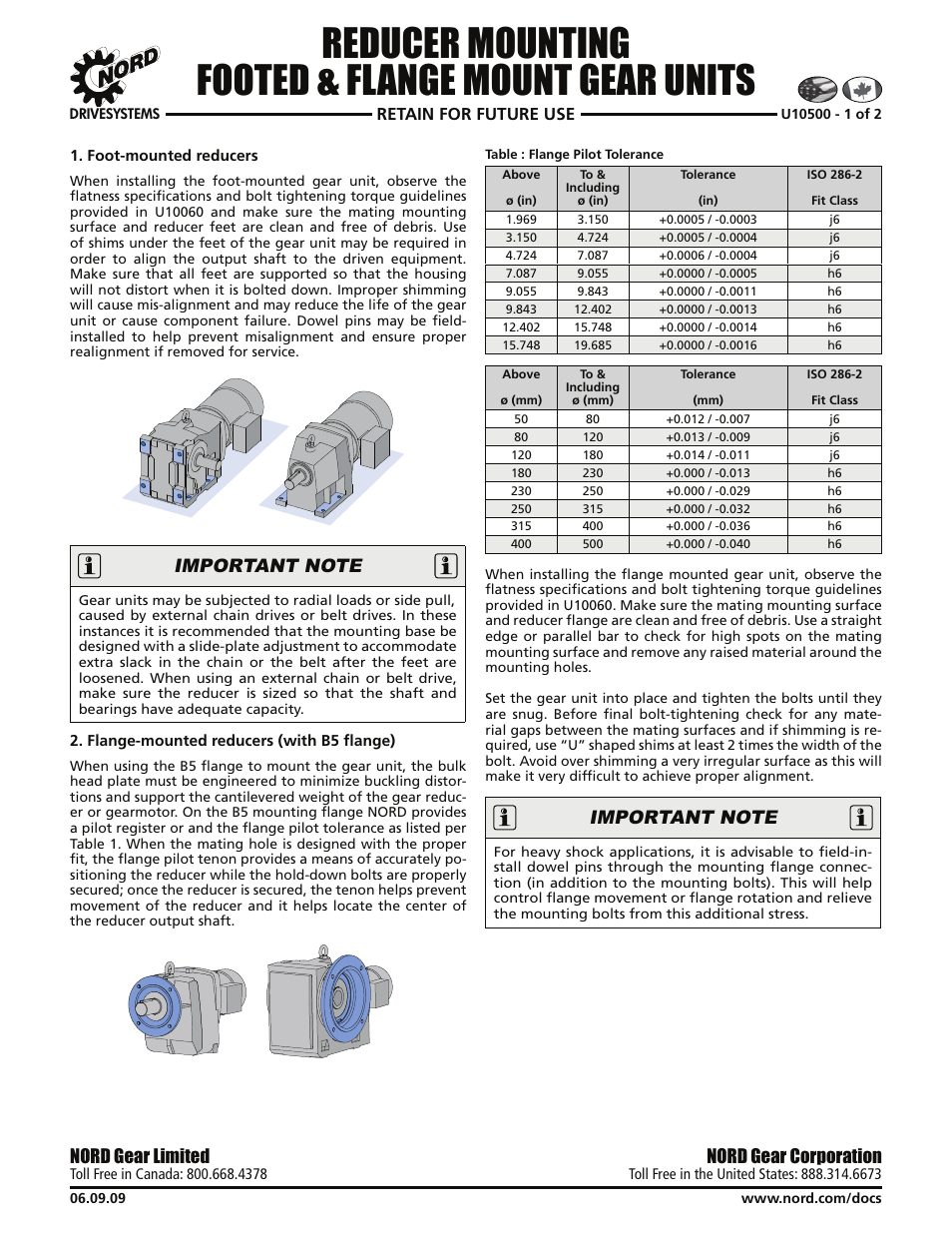 Reducer mounting footed & flange mount gear units, Nord gear corporation, Nord gear limited | Retain for future use | Viking Pump NORD TSM For NORDBLOC.1 Reducers User Manual | Page 10 / 17