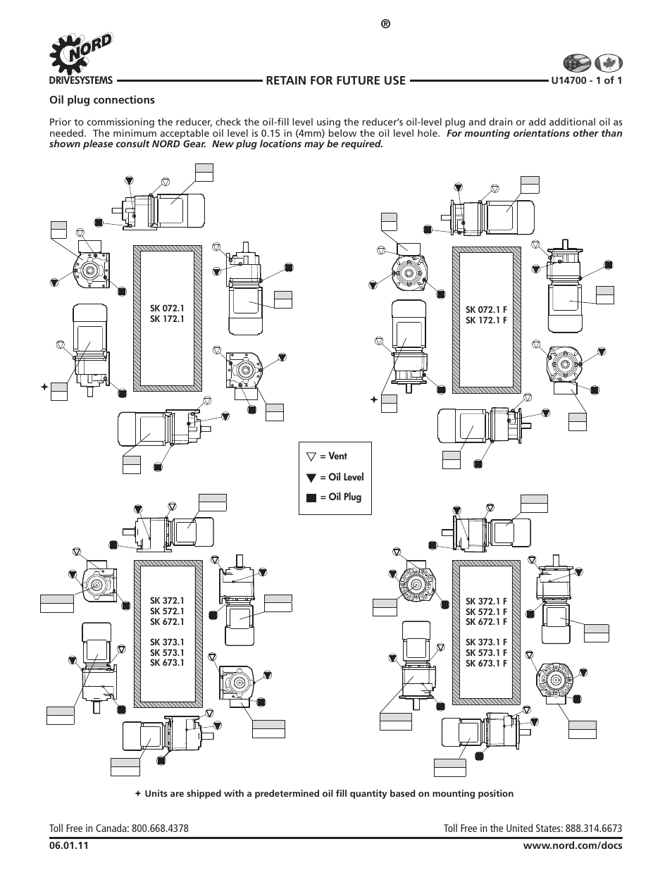 Nordbloc, 1 oil plug & vent locations, Nord gear corporation | Nord gear limited, Retain for future use | Viking Pump NORD TSM For NORDBLOC.1 Reducers User Manual | Page 17 / 17