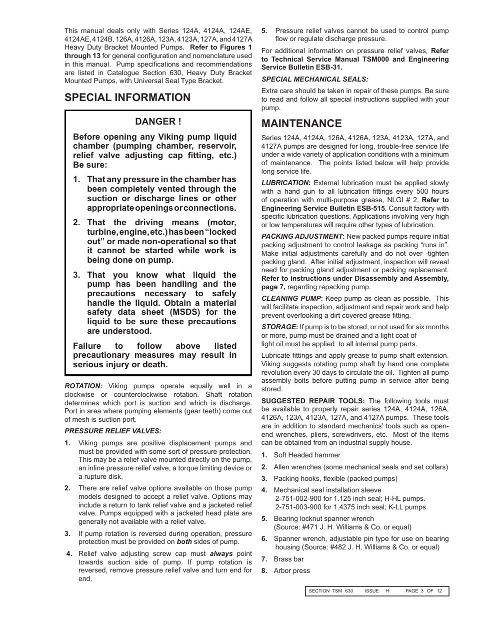Maintenance special information | Viking Pump TSM630: H-LL Universal Seal User Manual | Page 3 / 12