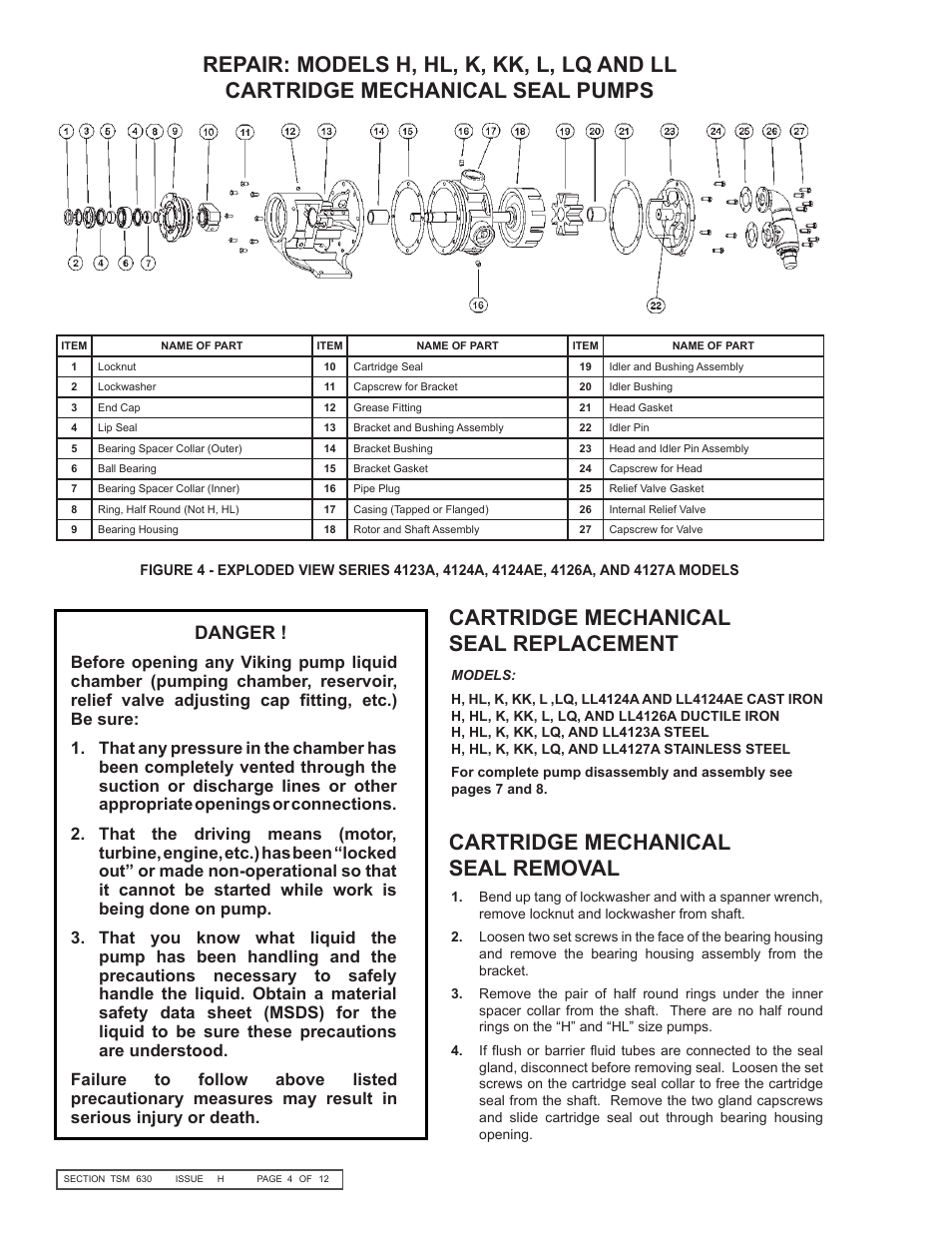 Danger | Viking Pump TSM630: H-LL Universal Seal User Manual | Page 4 / 12