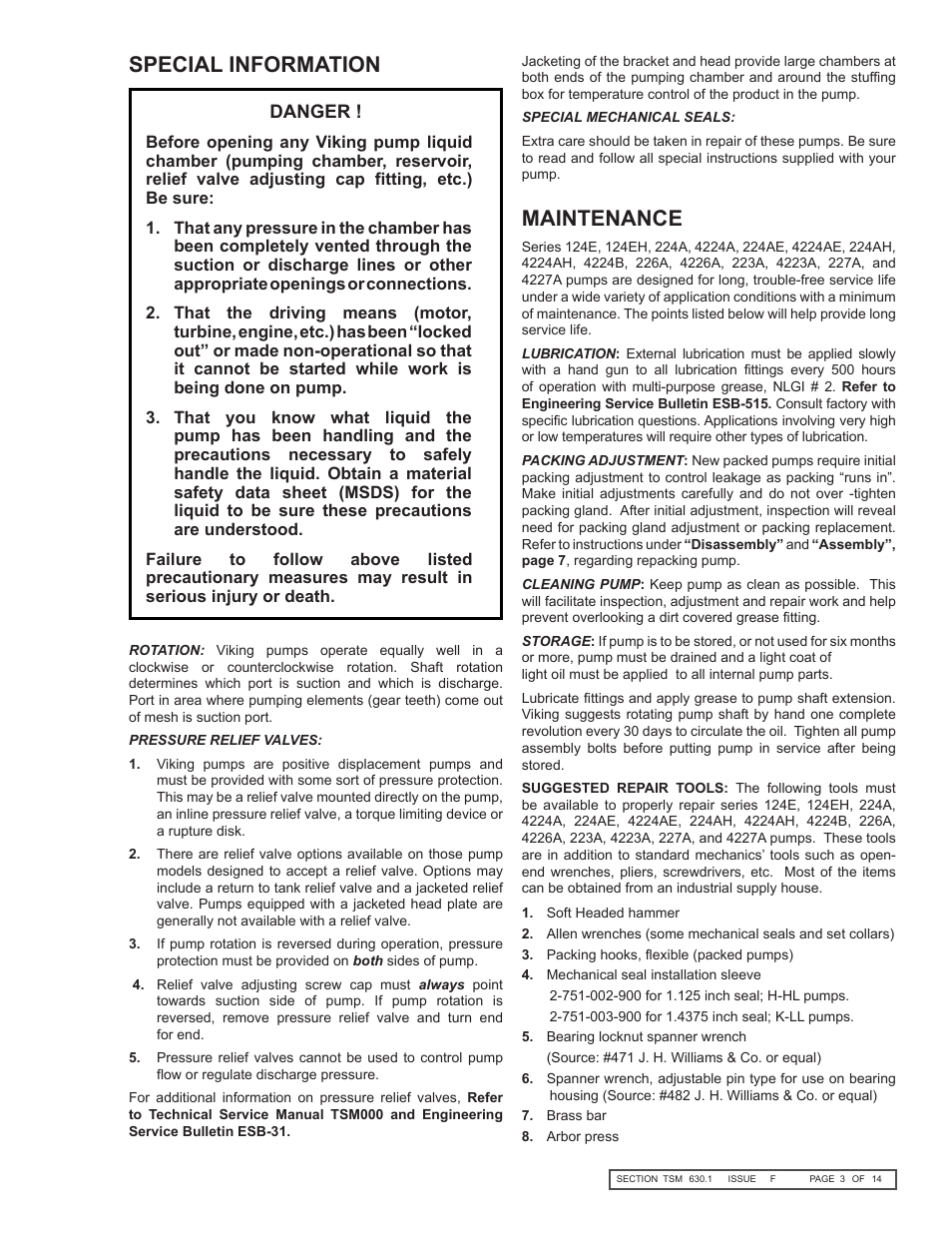 Maintenance special information | Viking Pump TSM630.1: H-LL Universal Seal User Manual | Page 3 / 14