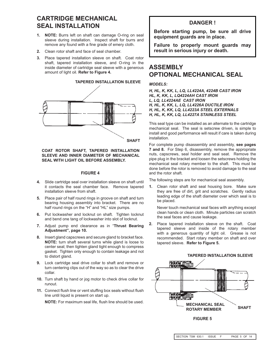 Cartridge mechanical seal installation, Assembly optional mechanical seal, Danger | Viking Pump TSM630.1: H-LL Universal Seal User Manual | Page 5 / 14