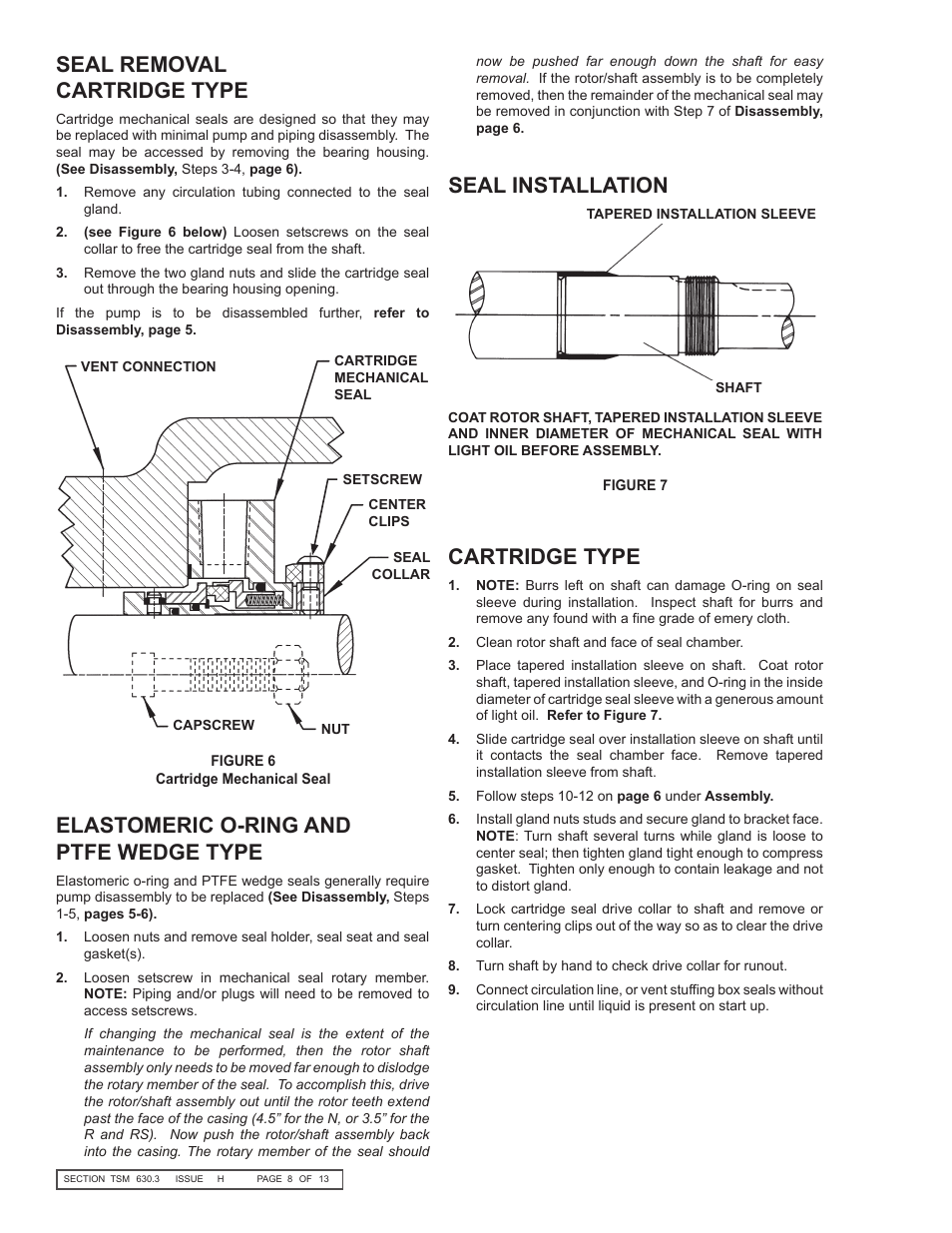 Seal removal cartridge type, Elastomeric o-ring and ptfe wedge type, Seal installation | Cartridge type | Viking Pump TSM630.3: N-RS Universal Seal User Manual | Page 8 / 13