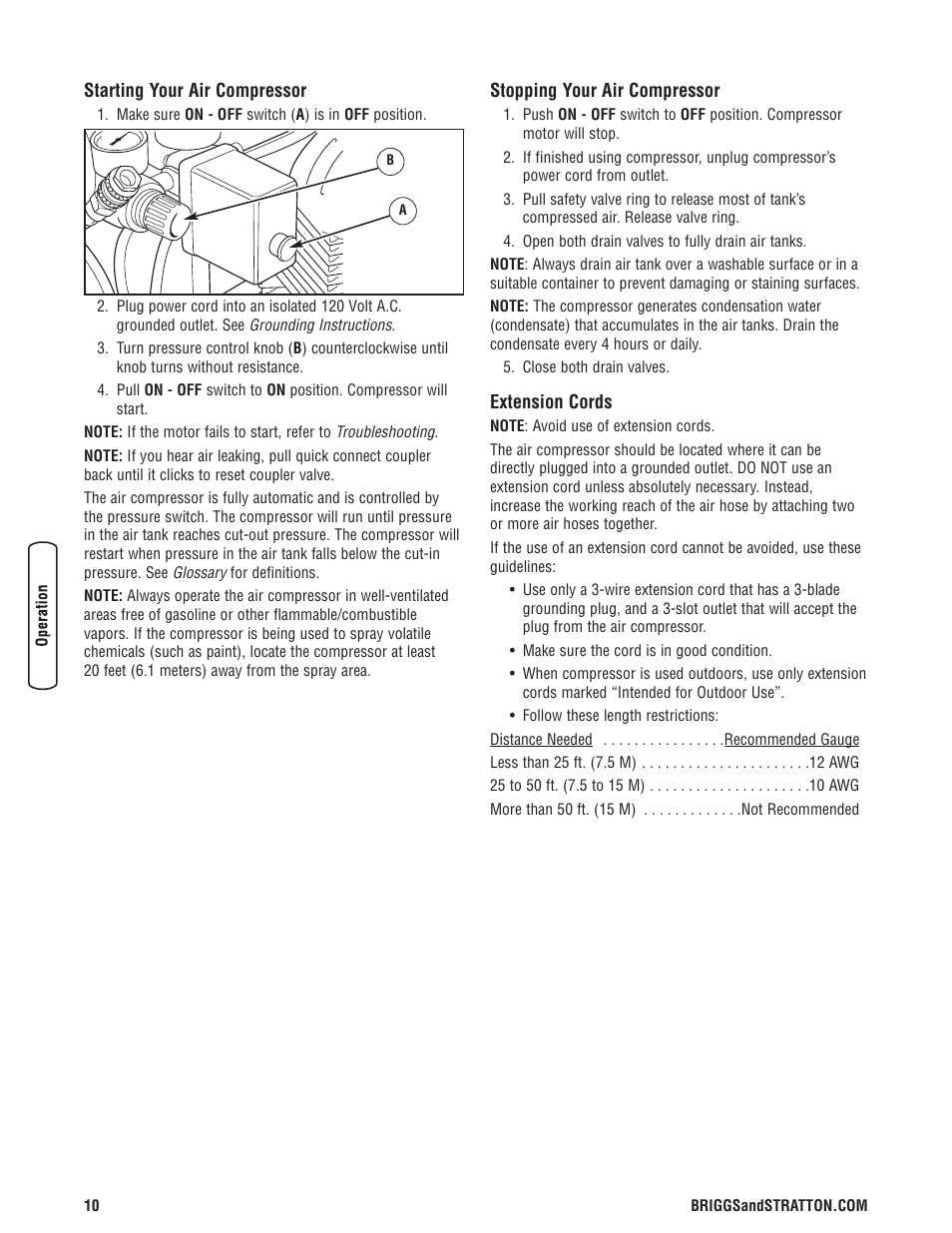 Démarrage de votre compresse, Arrêt de votre compresseur d, Rallonges | Briggs & Stratton Air Compressor User Manual | Page 10 / 60