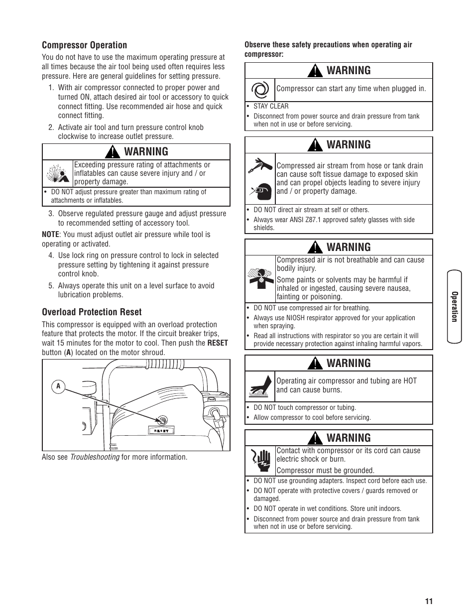 Utilisation du compresseur, Réarmement du protecteur de, Compressor operation overload protection reset | Warning | Briggs & Stratton Air Compressor User Manual | Page 11 / 60