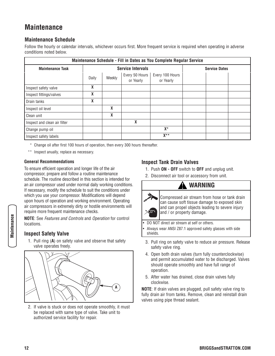 Vérifiez la soupape de sûreté, Vérifiez les robinets de vid, Entretien | Calendrier d'entretien, Maintenance, Warning | Briggs & Stratton Air Compressor User Manual | Page 12 / 60