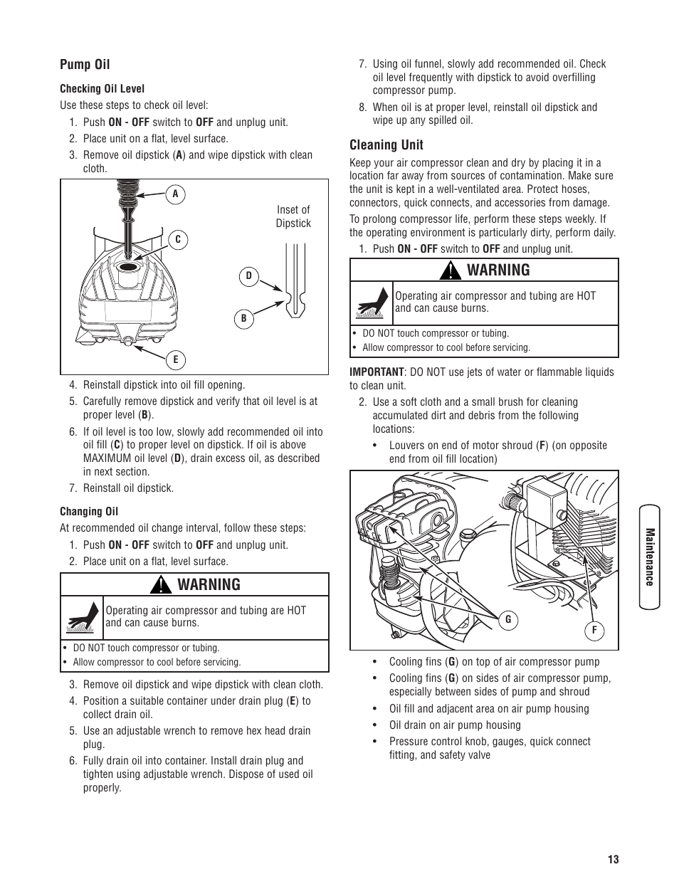 Huile de la pompe, Nettoyage de l’unité, Pump oil cleaning unit | Warning | Briggs & Stratton Air Compressor User Manual | Page 13 / 60