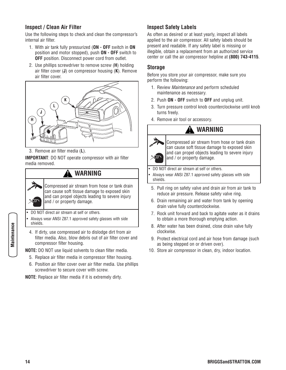 Vérifiez/nettoyez le filtre, Vérifiez les étiquettes de s, Entreposage | Warning | Briggs & Stratton Air Compressor User Manual | Page 14 / 60