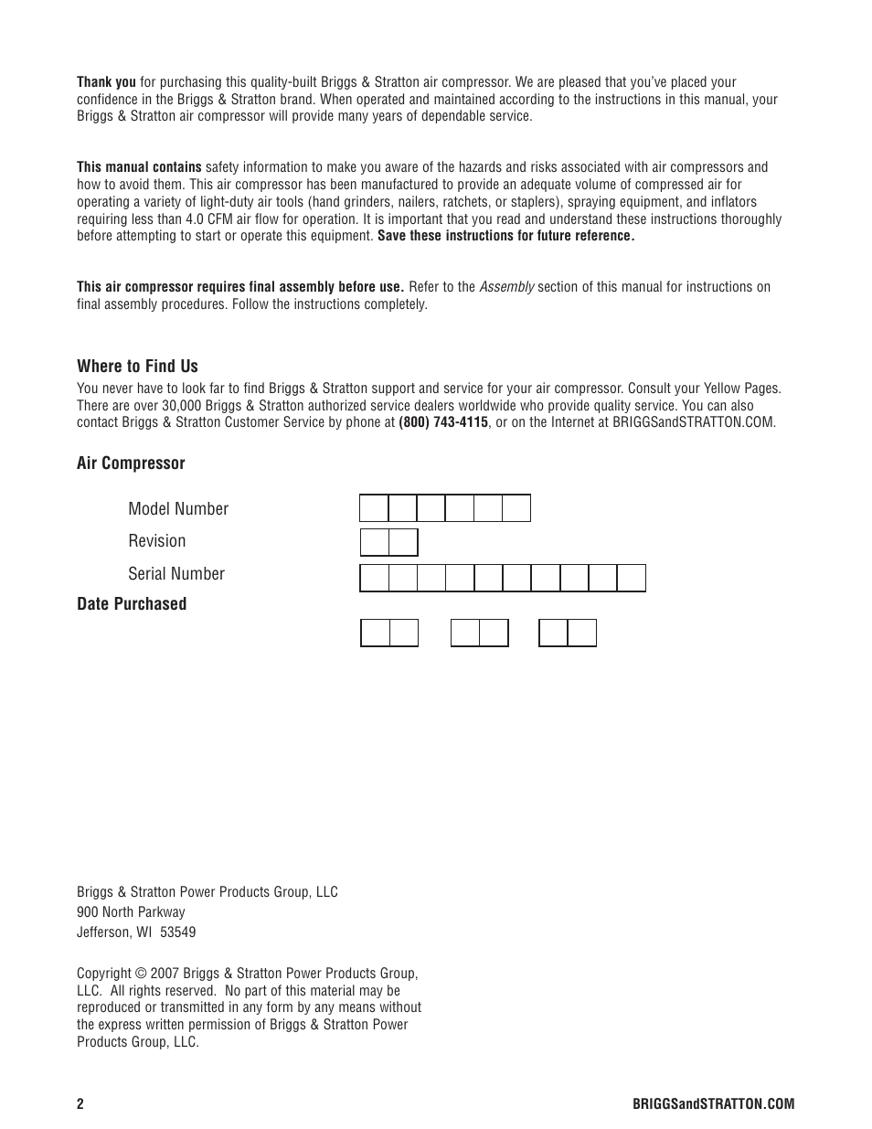 Briggs & Stratton Air Compressor User Manual | Page 2 / 60
