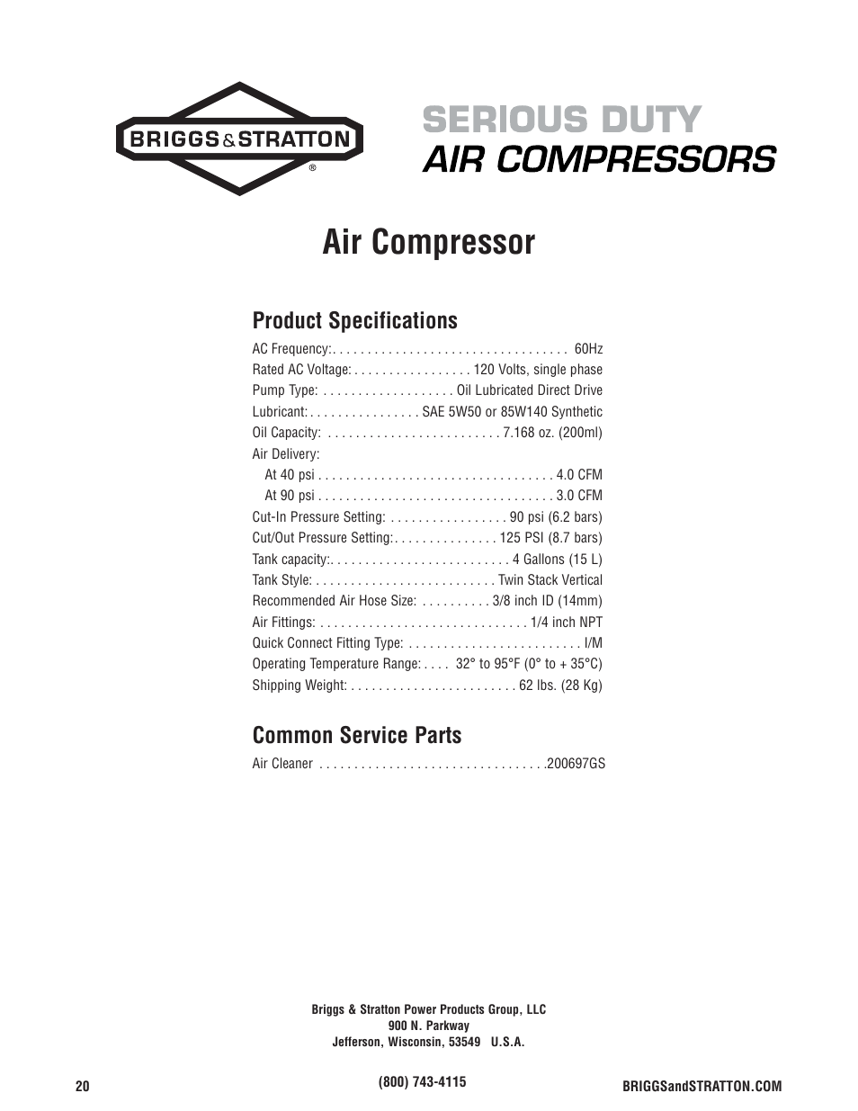 Air compressor, Product specifications, Common service parts | Briggs & Stratton Air Compressor User Manual | Page 20 / 60
