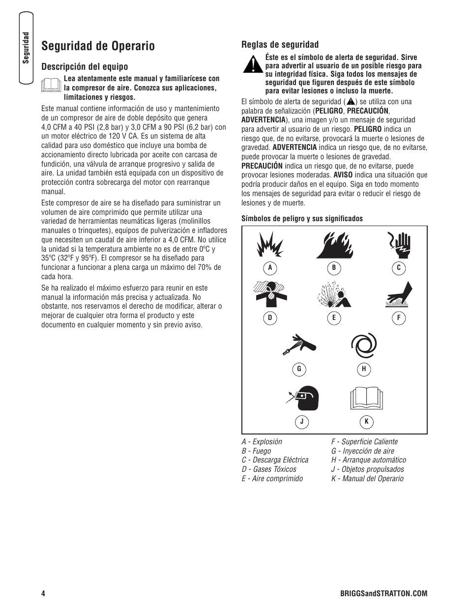 Seguridad de operario | Briggs & Stratton Air Compressor User Manual | Page 24 / 60