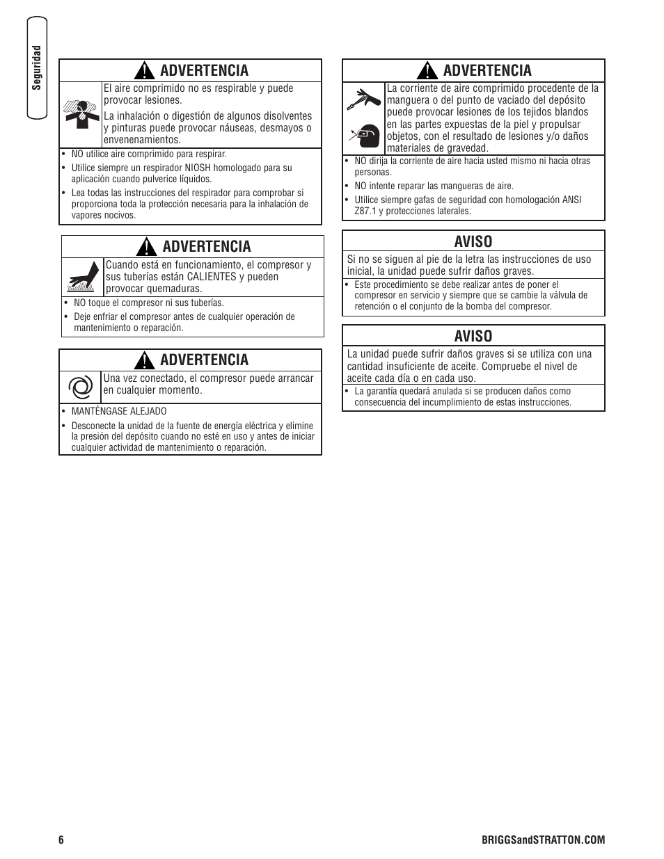 Advertencia, Aviso | Briggs & Stratton Air Compressor User Manual | Page 26 / 60