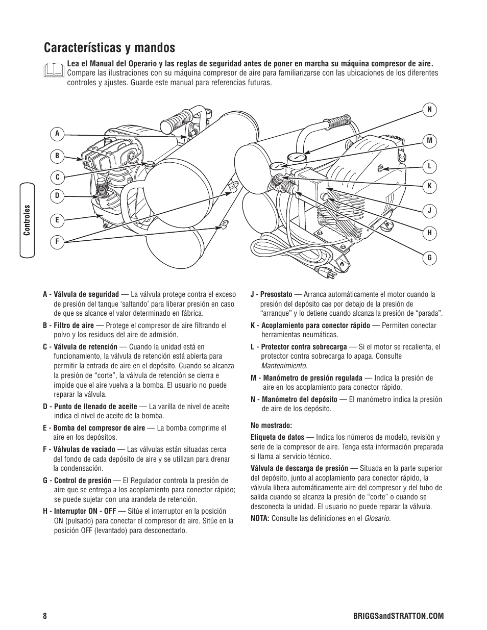 Características y mandos | Briggs & Stratton Air Compressor User Manual | Page 28 / 60