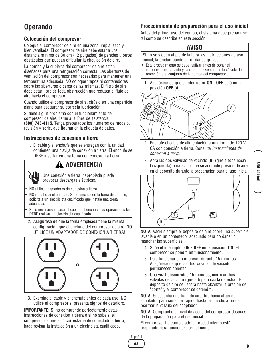 Operando, Aviso, Advertencia | Briggs & Stratton Air Compressor User Manual | Page 29 / 60