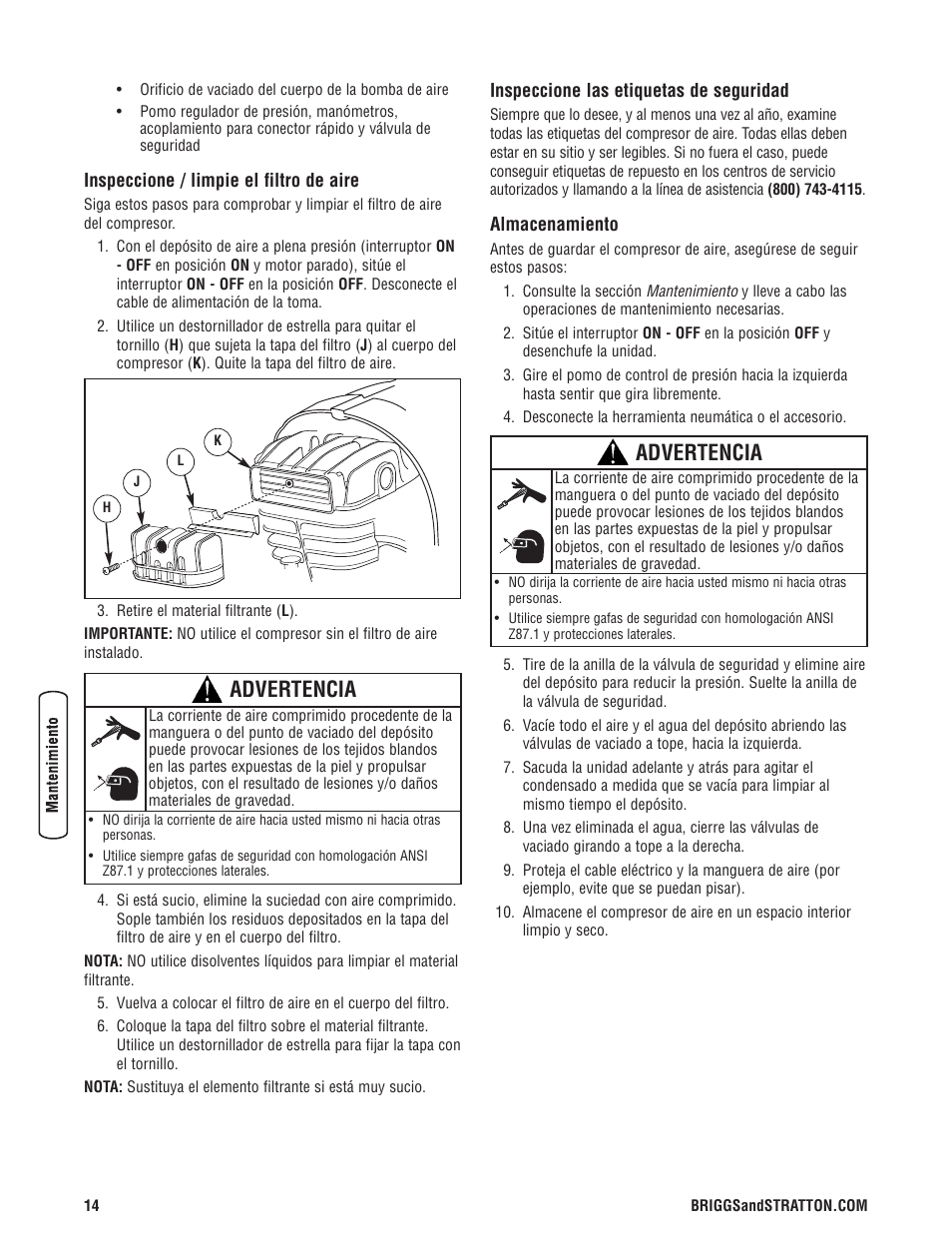 Advertencia | Briggs & Stratton Air Compressor User Manual | Page 34 / 60