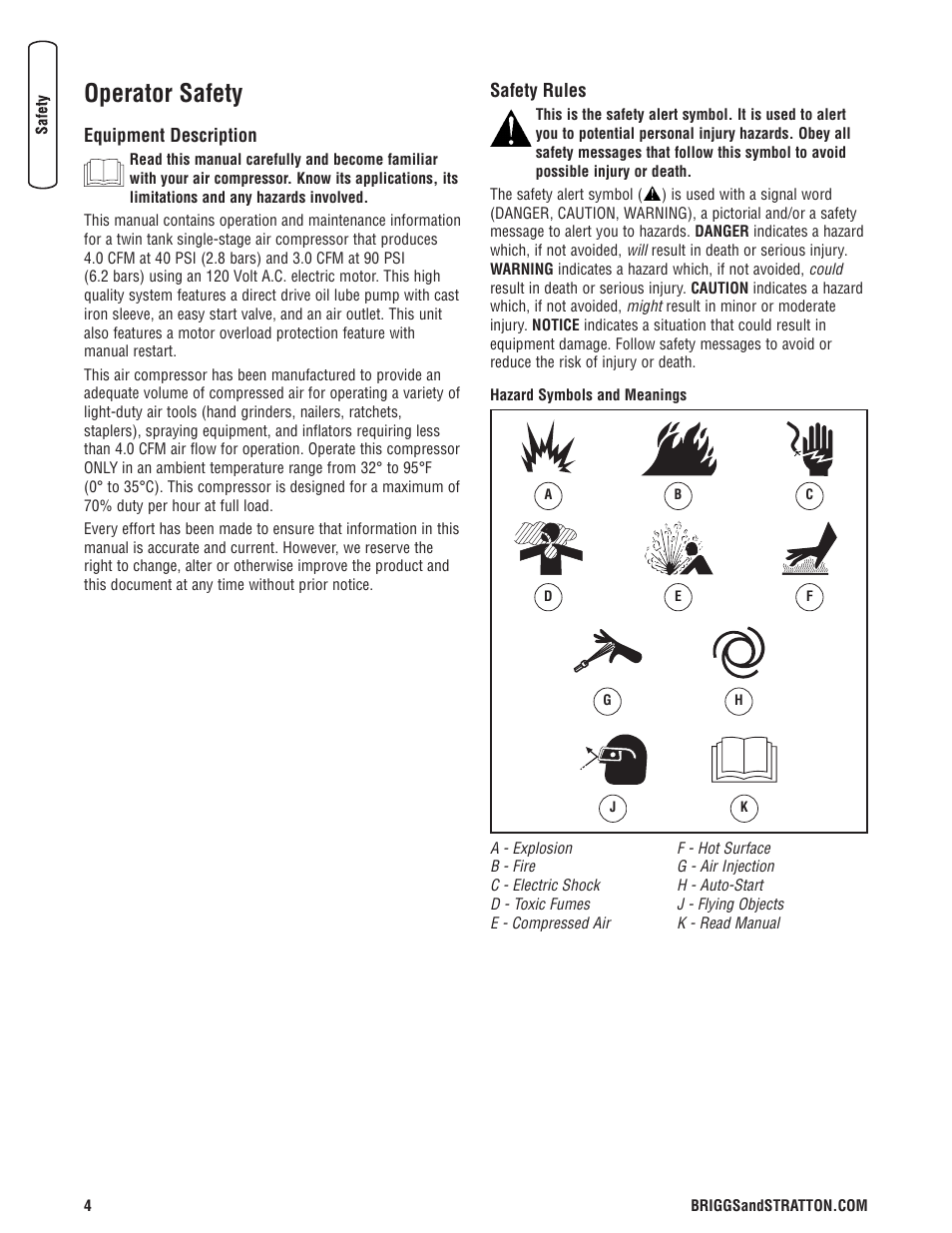 Sécurité de l’opérateur, Description de l équipement, Règles de sécurité | Operator safety, Equipment description safety rules | Briggs & Stratton Air Compressor User Manual | Page 4 / 60