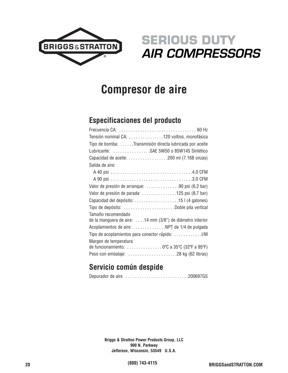 Compresor de aire, Especificaciones del producto, Servicio común despide | Briggs & Stratton Air Compressor User Manual | Page 40 / 60