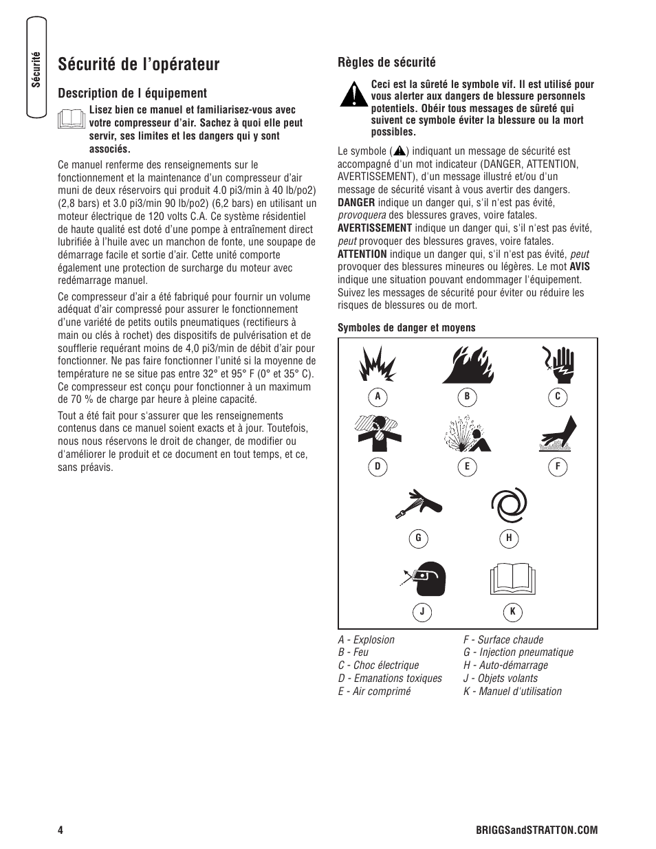 Sécurité de l’opérateur | Briggs & Stratton Air Compressor User Manual | Page 44 / 60