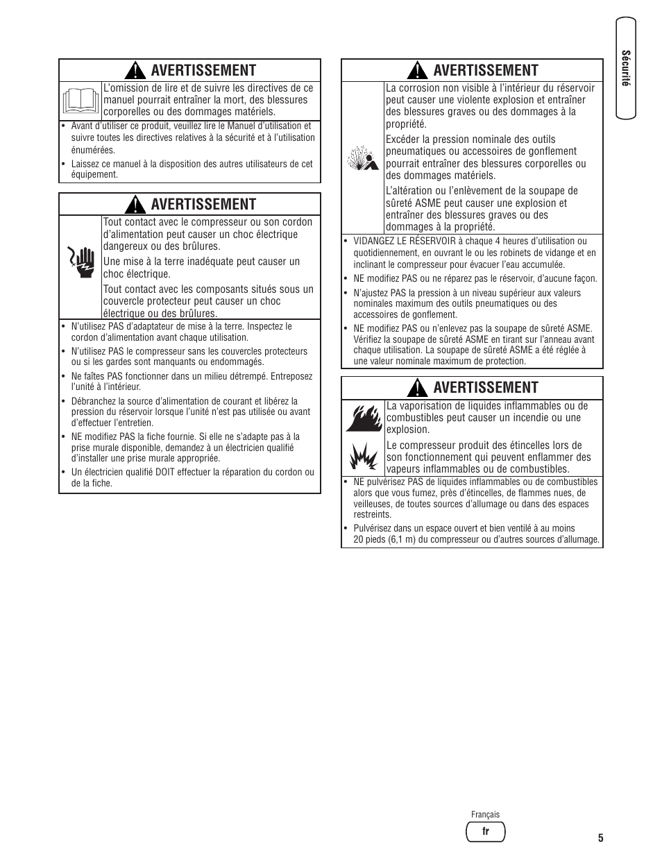 Avertissement | Briggs & Stratton Air Compressor User Manual | Page 45 / 60