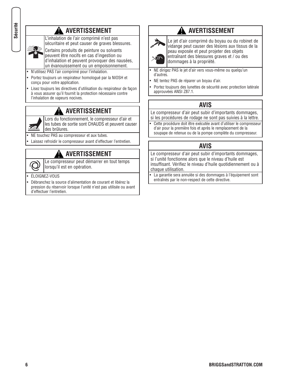 Avertissement, Avis | Briggs & Stratton Air Compressor User Manual | Page 46 / 60