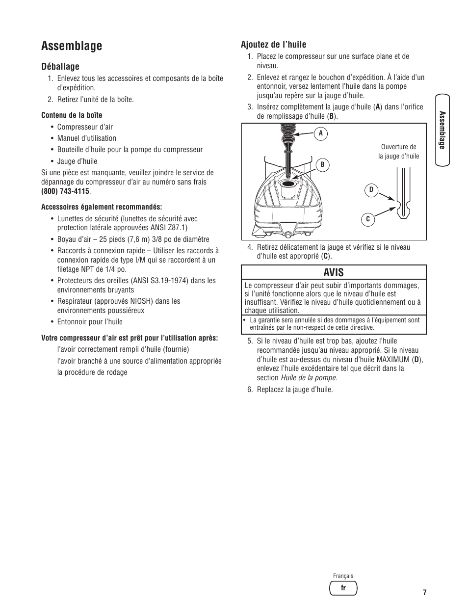 Assemblage, Avis | Briggs & Stratton Air Compressor User Manual | Page 47 / 60