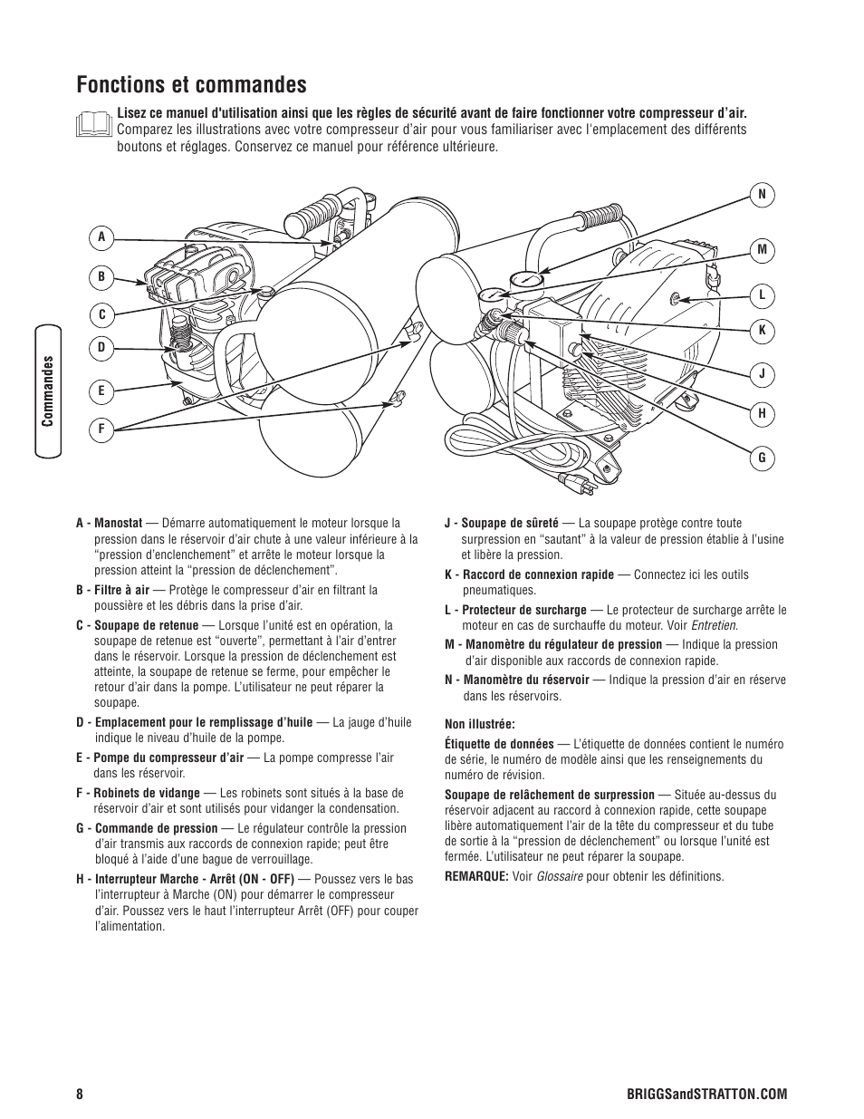 Fonctions et commandes | Briggs & Stratton Air Compressor User Manual | Page 48 / 60