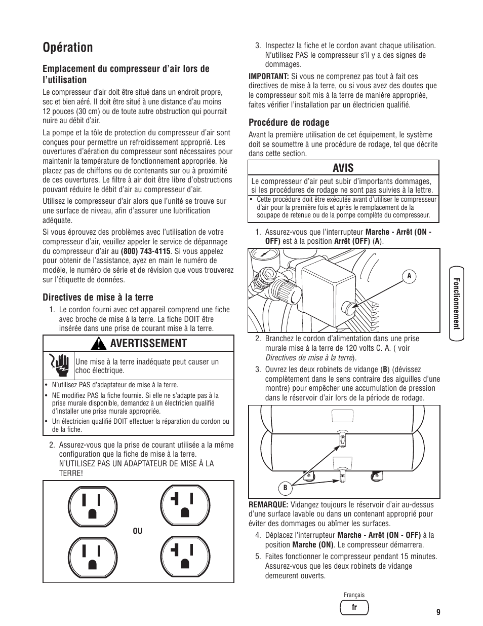 Opération, Avis, Avertissement | Briggs & Stratton Air Compressor User Manual | Page 49 / 60