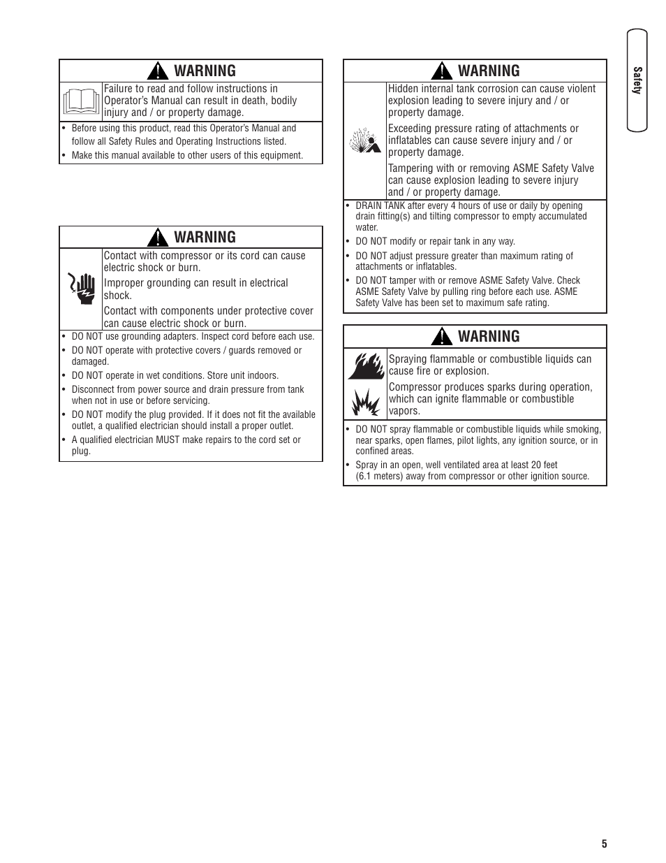 Warning | Briggs & Stratton Air Compressor User Manual | Page 5 / 60