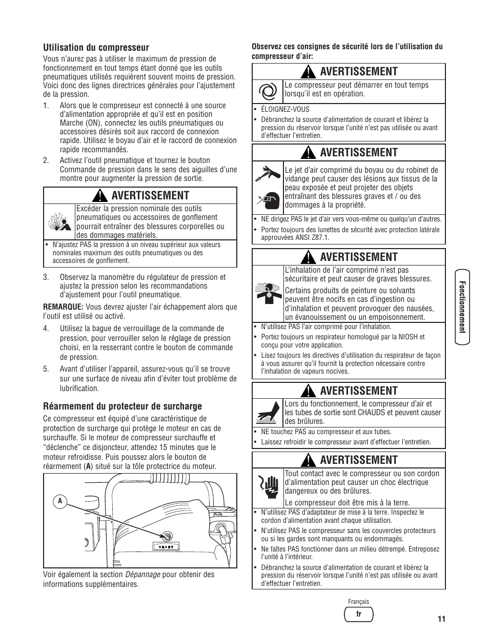 Avertissement | Briggs & Stratton Air Compressor User Manual | Page 51 / 60