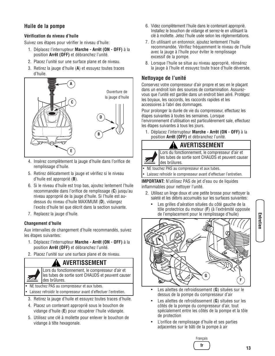 Avertissement | Briggs & Stratton Air Compressor User Manual | Page 53 / 60