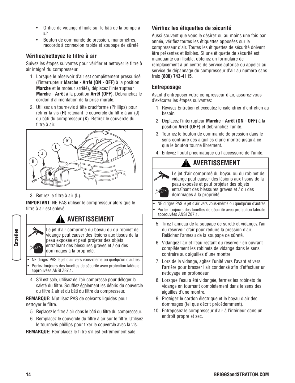 Avertissement | Briggs & Stratton Air Compressor User Manual | Page 54 / 60