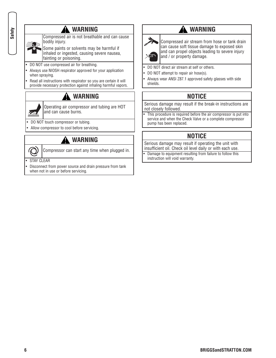 Warning, Notice | Briggs & Stratton Air Compressor User Manual | Page 6 / 60