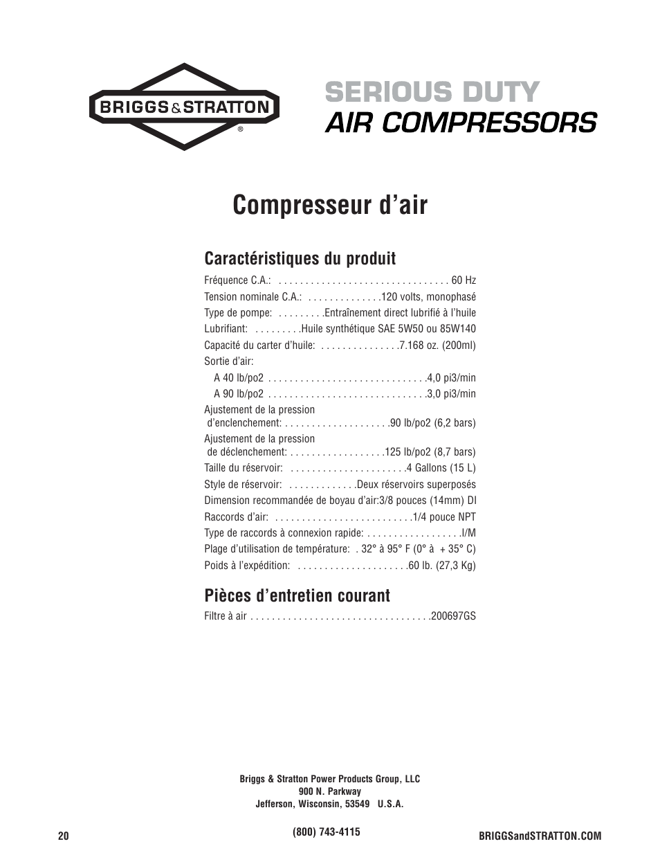 Compresseur d’air, Caractéristiques du produit, Pièces d’entretien courant | Briggs & Stratton Air Compressor User Manual | Page 60 / 60