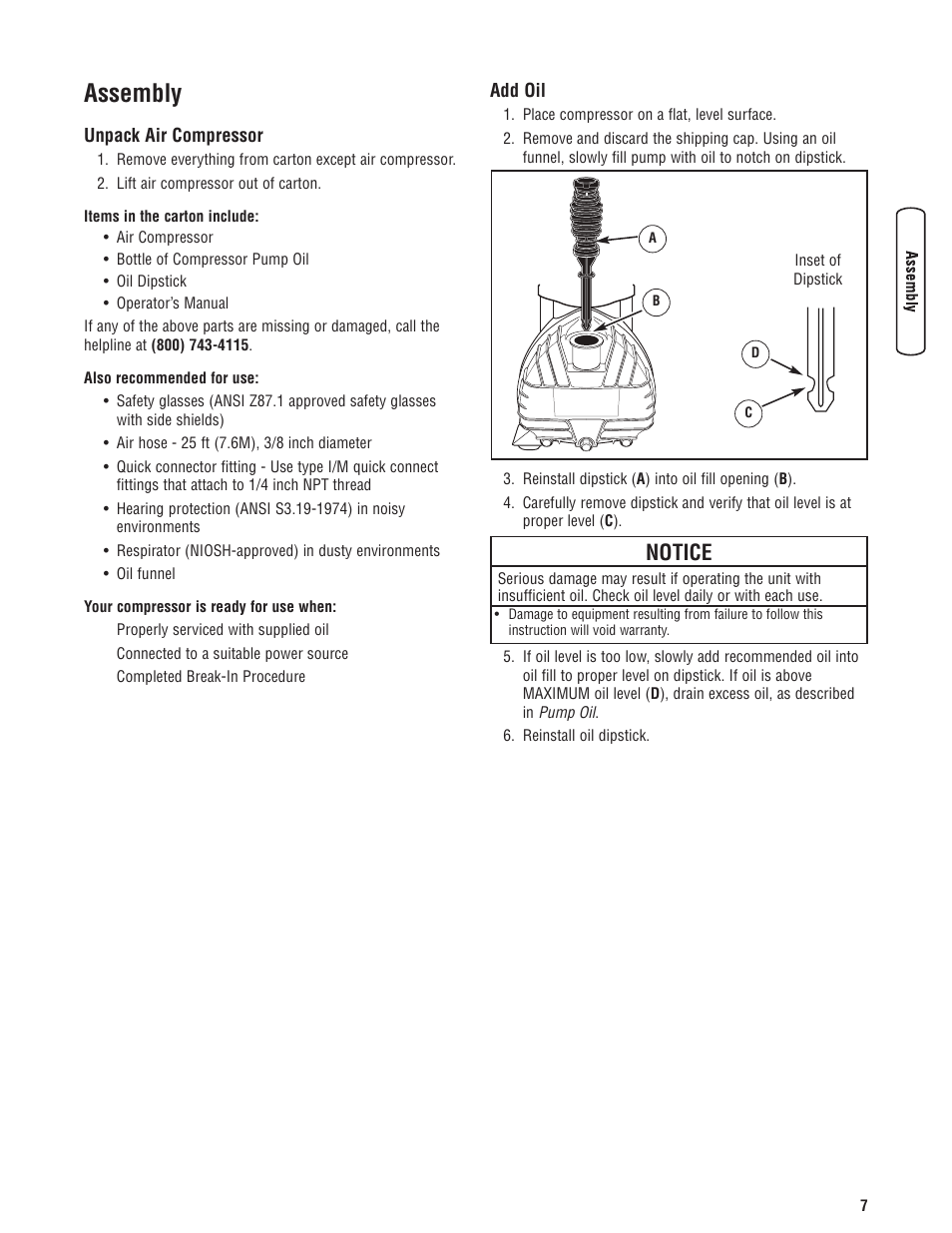 Assemblage, Déballage, Ajoutez de l’huile | Assembly, Unpack air compressor add oil, Notice | Briggs & Stratton Air Compressor User Manual | Page 7 / 60