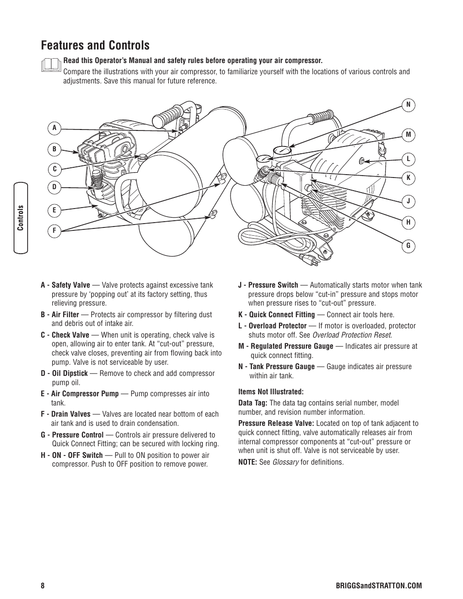 Fonctions et commandes, Features and controls | Briggs & Stratton Air Compressor User Manual | Page 8 / 60
