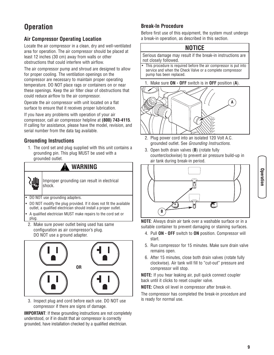 Opération, Emplacement du compresseur d, Directives de mise à la terre | Procédure de rodage, Operation, Notice, Warning | Briggs & Stratton Air Compressor User Manual | Page 9 / 60