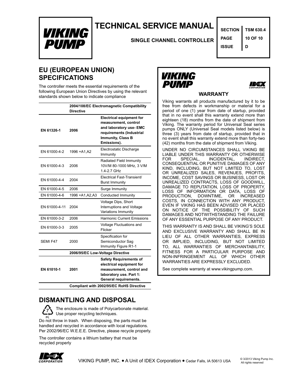 Technical service manual, Warranty, Single channel controller | Viking Pump TSM630.4: K-QS 124E Controller User Manual | Page 10 / 10