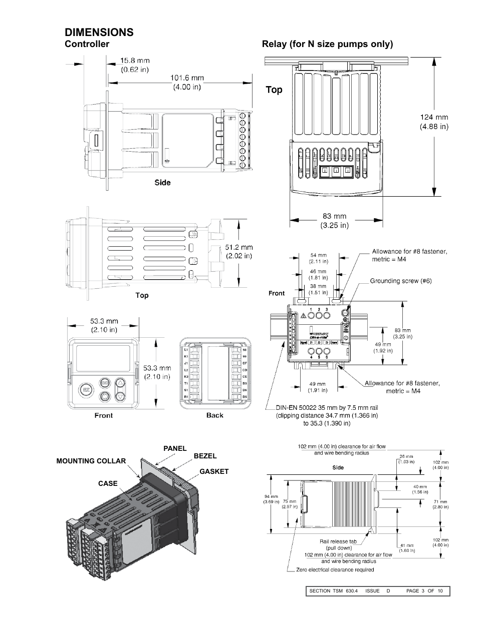 Dimensions, Controller, Relay (for n size pumps only) | Viking Pump TSM630.4: K-QS 124E Controller User Manual | Page 3 / 10