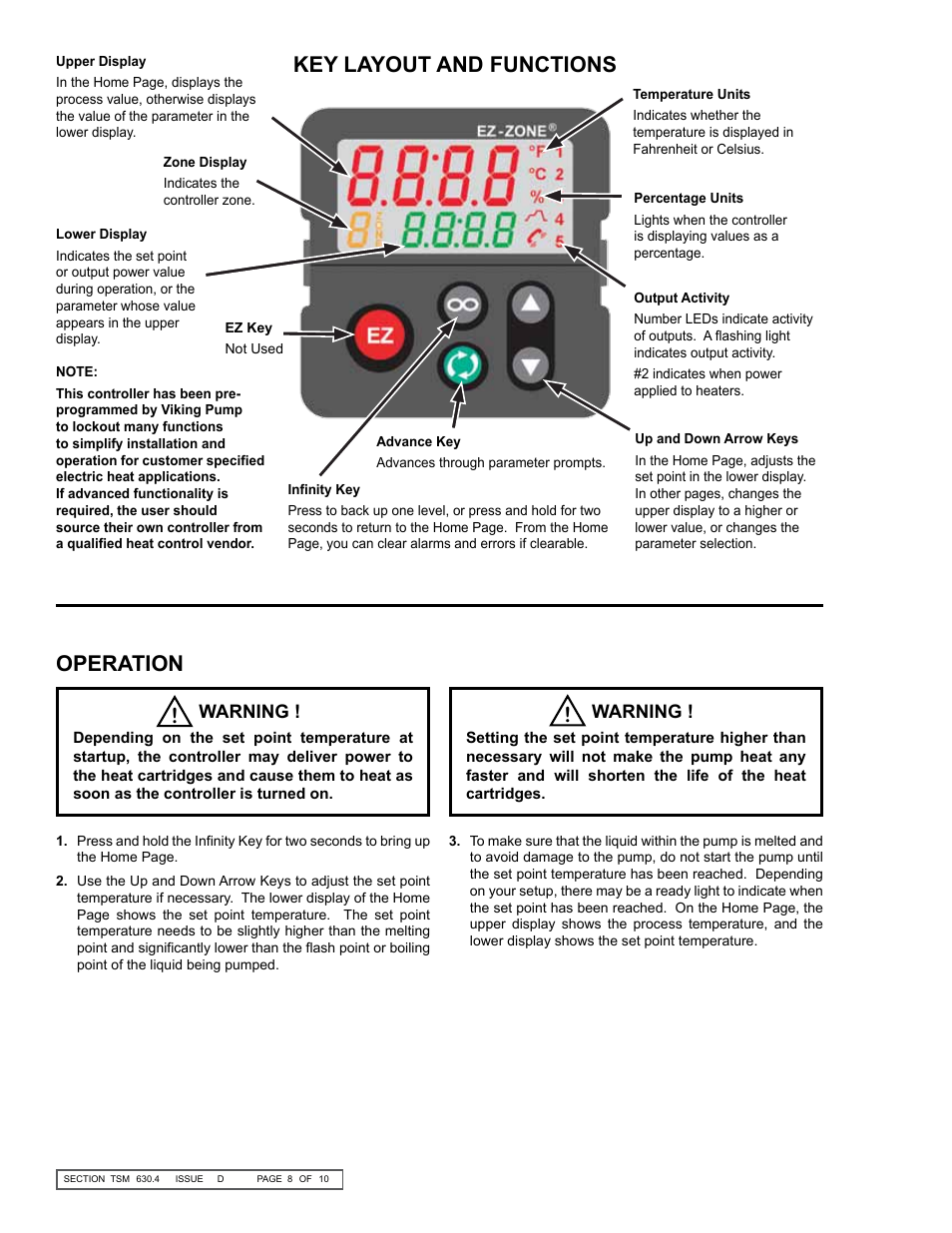 Operation, Key layout and functions, Warning | Viking Pump TSM630.4: K-QS 124E Controller User Manual | Page 8 / 10