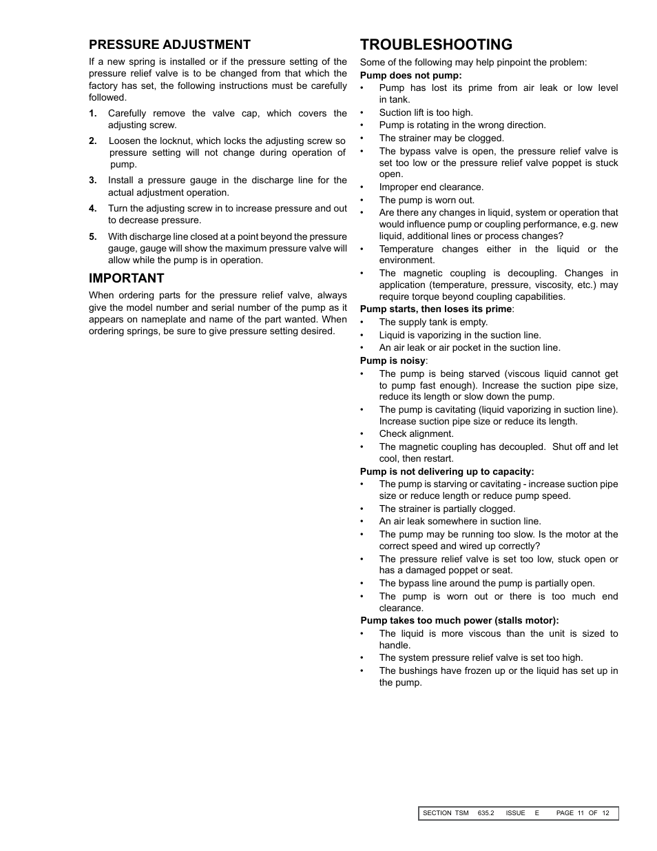 Troubleshooting, Pressure adjustment, Important | Viking Pump TSM635.2: K-LS Universal Mag Drive User Manual | Page 11 / 12