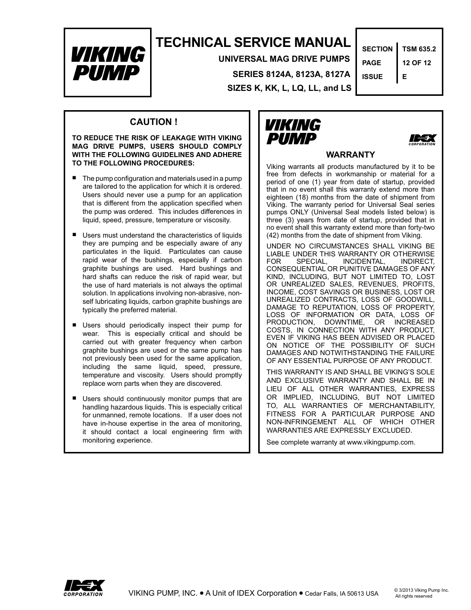 Technical service manual, Caution | Viking Pump TSM635.2: K-LS Universal Mag Drive User Manual | Page 12 / 12