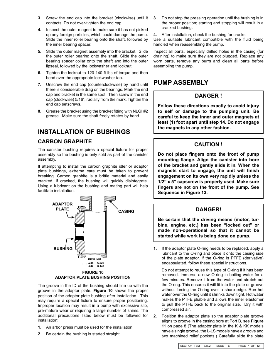 Installation of bushings, Pump assembly, Carbon graphite | Danger, Caution | Viking Pump TSM635.2: K-LS Universal Mag Drive User Manual | Page 7 / 12