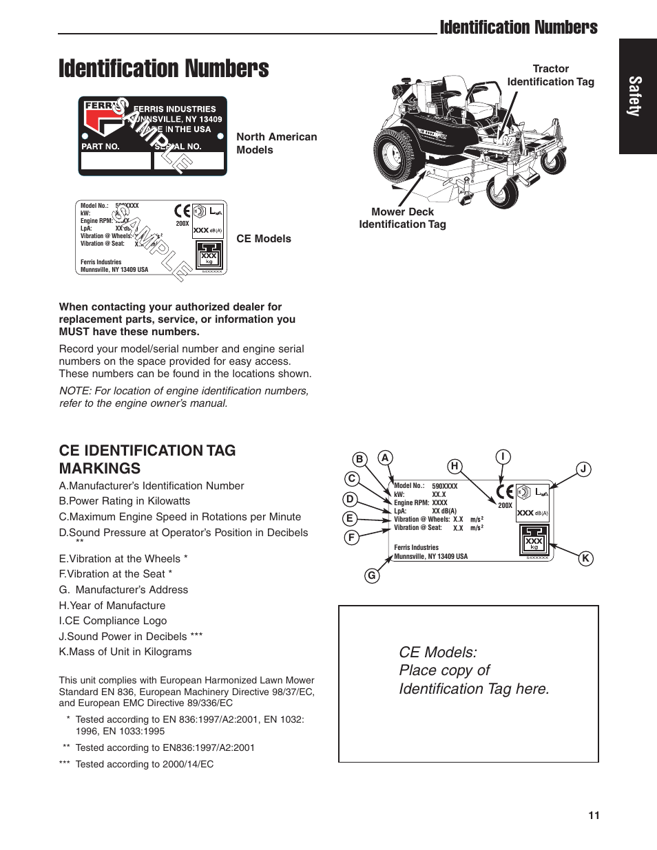 Identification numbers, Safety | Briggs & Stratton Ferris 5900619 User Manual | Page 13 / 56